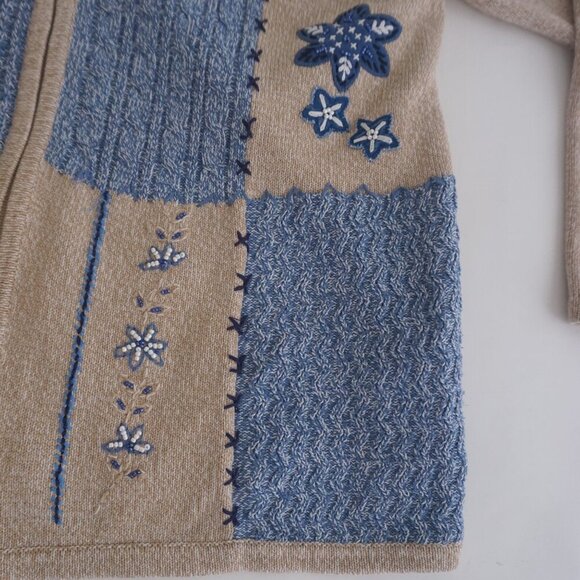 Alia Beige Blue Embroidered Floral Knit Zip Up Cardigan Sweater Large - Picture 7 of 14